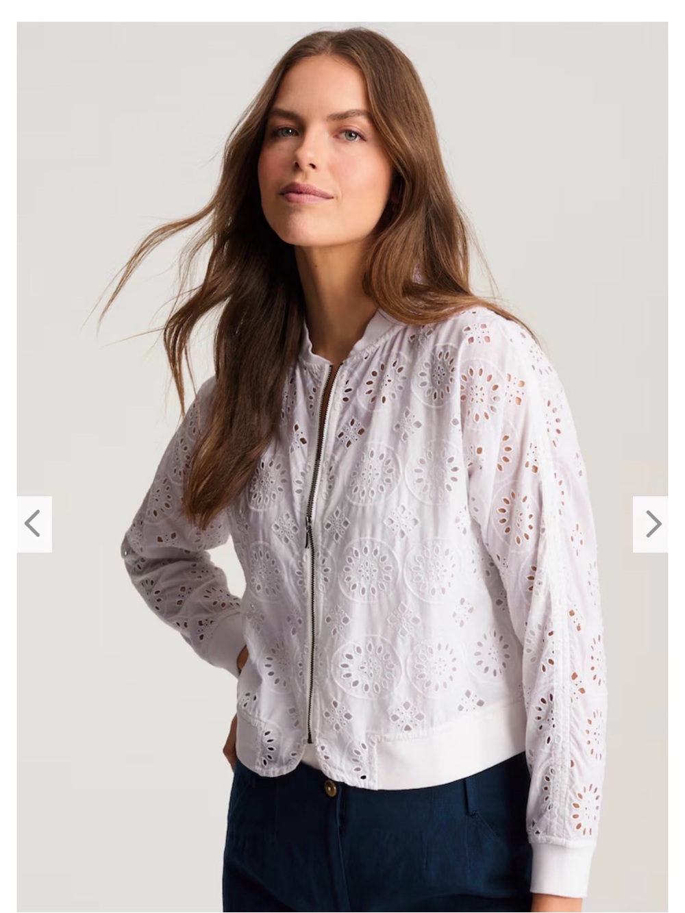This season JJill Women’s White Eyelet Bomber Jacket